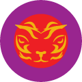Thaiger Thai Kitchen Logo with wide round purple frame with out text around a bright red solid circle with a stylized curry yellow tiger in the center.